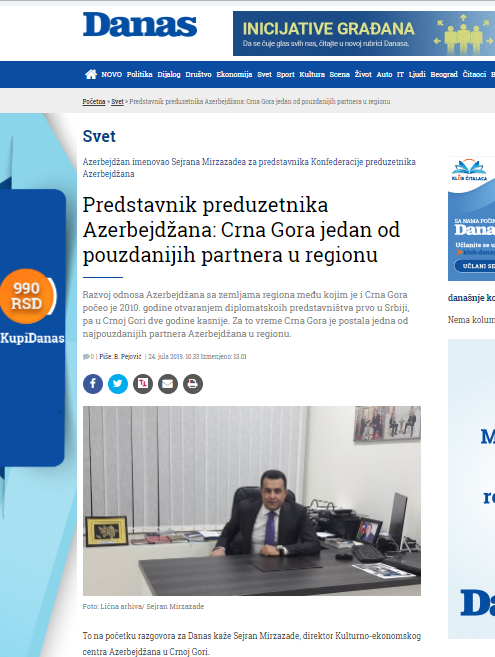 Predstavnik preduzetnika Azerbejdžana: Crna Gora jedan od pouzdanijih partnera u regionu 